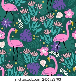 Vector seamless pattern with pink flamingos and tropical leaves and flowers in a cartoon style. Design for fabric, textile, wrapping paper and other decoration.