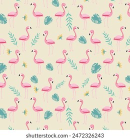 Vector seamless pattern with pink flamingos, tropical palm leaves and flowers. Hand Drawn illustration.