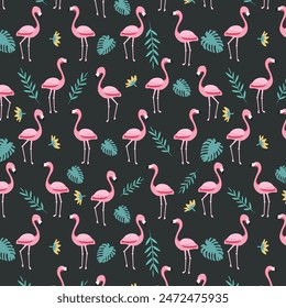 Vector seamless pattern with pink flamingos, tropical palm leaves and flowers. Hand Drawn illustration.