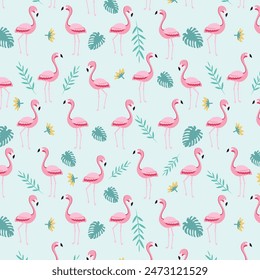 Vector seamless pattern with pink flamingos, tropical palm leaves and flowers. Hand Drawn illustration.