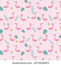 Vector seamless pattern with pink flamingos, tropical palm leaves and flowers. Hand Drawn illustration.