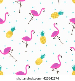 vector seamless pattern with pink flamingos and pineapples, bright summer pattern