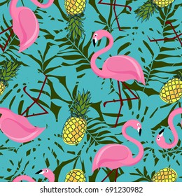 Vector seamless pattern with pink flamingos and green palm leaves. Exotic Hawaii art background is tropical trendy. Design for fabric, textile, wrapping paper and other decoration.