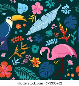 Vector seamless pattern with pink flamingos, Toucan and tropical leaves. Exotic Hawaii art background is tropical trendy elements. Design for fabric, textile, wrapping paper and other decoration.