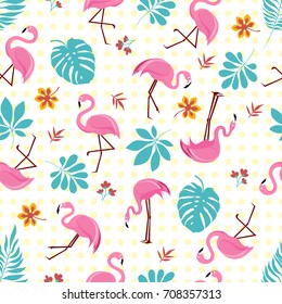 Vector seamless pattern with pink flamingos and tropical palm leaves. Exotic Hawaii art background is tropical trendy. Design for fabric, textile, wrapping paper and other decoration.