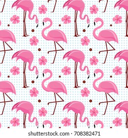 Vector seamless pattern with pink flamingos and tropical palm leaves. Exotic Hawaii art background is tropical trendy. Design for fabric, textile, wrapping paper and other decoration.