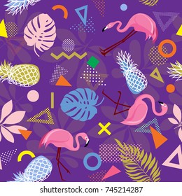 Vector seamless pattern with pink flamingos, tropical leaves and Geometrical Memphis style. Design for fabric, textile, wrapping paper and other decoration.