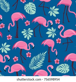 Vector seamless pattern with pink flamingos and tropical palm leaves. Exotic Hawaii art background is tropical trendy. Design for fabric, textile, wrapping paper and other decoration.
