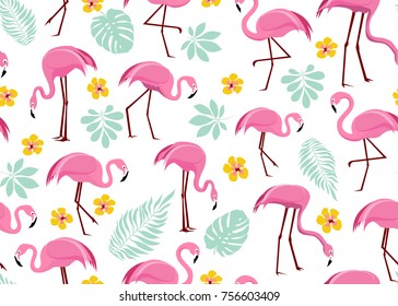 Vector seamless pattern with pink flamingos and tropical palm leaves. Exotic Hawaii art background is tropical trendy. Design for fabric, textile, wrapping paper and other decoration.
