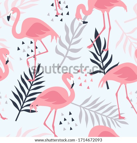 Vector seamless pattern with pink flamingos, tropical palm leaves and flowers. Hand Drawn illustration.