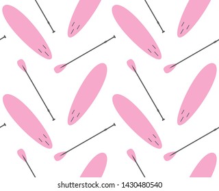 Vector seamless pattern of pink flat stand up puddle surf board isolated on white background 