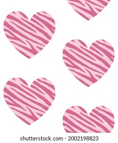 Vector seamless pattern of pink flat heart with zebra stripes print isolated on white background