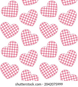 Vector seamless pattern of pink flat heart with chess checkered texture isolated on white background