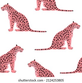 Vector seamless pattern of pink flat sitting leopard isolated on white background