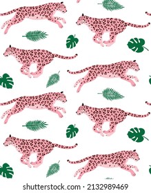 Vector seamless pattern of pink flat leopard and palm leaves isolated on white background