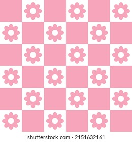 Vector seamless pattern of pink flat chess board print with flowers isolated on white background