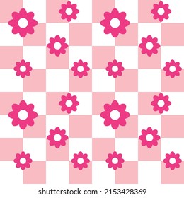 Vector seamless pattern of pink flat chess board print with flowers isolated on white background