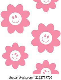Vector seamless pattern of pink flat flower with face isolated on white background
