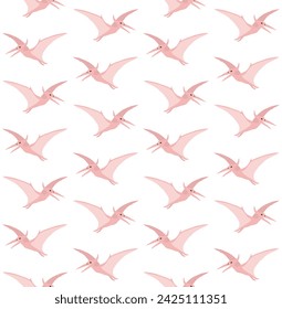 Vector seamless pattern of pink flat hand drawn pterodactyl dinosaur isolated on white background