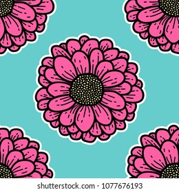 vector seamless pattern pink flower doodle hand drawing style on green background