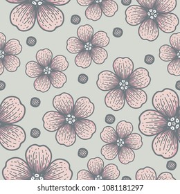 vector seamless pattern pink flower doodle hand drawing style on gray background