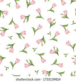 Vector seamless pattern with pink flowers and green leaves on a white background.