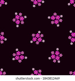 Patrón vectorial sin fisuras con flores rosadas sobre un fondo negro. Uso en tela, papel de envoltura, papel pintado, bolsas, ropa, platos, estuches en smartphones y tablets.