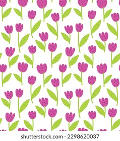 Vector seamless pattern with pink flowers like tulips. Abstract background in simple style