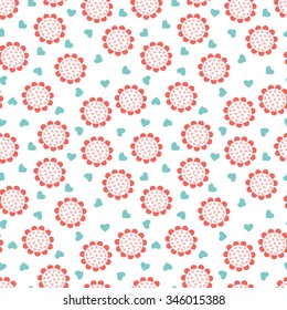 Vector Seamless pattern of pink flowers with hearts