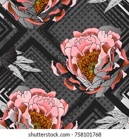 Vector seamless pattern with pink flowers and line A