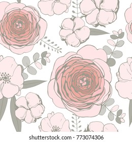 Vector seamless pattern with  pink flowers,eucalyptus leaves and cotton balls 