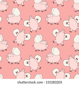 Vector seamless pattern. Pink flying pigs on pink background. Cute repeating texture