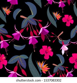 Vector seamless pattern of pink fuchsia with tropical jungle leaves and flowers, background for textile, wedding,quotes, Birthday and invitation cards,greeting cards, print, blogs, bridal cards.