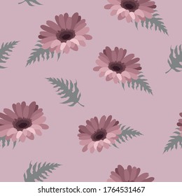Vector seamless pattern with pink gerbera daisy. Grey leaves, dusty pink background