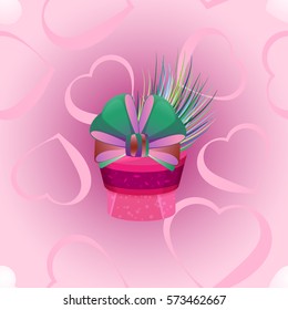 Vector seamless pattern. Pink gift with green bow and blades of grass on a gradient background and hearts