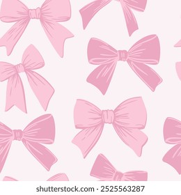 Vector seamless pattern with pink girlish bows on pastel pink background.