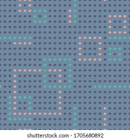 Vector seamless pattern of pink green irregular dots on the grey blue background. Perfect for fabric, wallpapers, packaging, scrapbooking, background, projects.