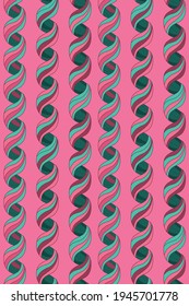 vector seamless pattern of pink and green endless spirals with bold lines, contrast colours