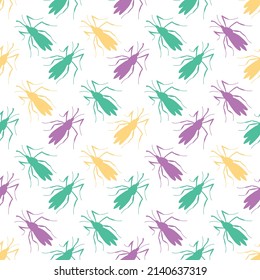 Image vectorielle motif harmonieux de petits moustiques roses, verts, jaunes, papillons de nuit à plat. Texture simple et multicolore avec insectes, suceurs de sang, parasites
