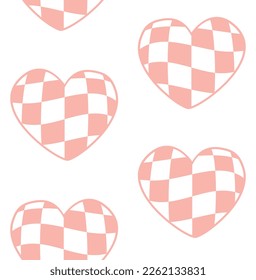 Vector seamless pattern of pink groovy checkered chess board texture heart isolated on white background