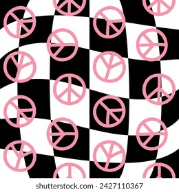 Vector seamless pattern of pink groovy peace sign isolated on chessboard background