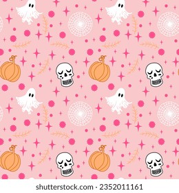 Vector seamless pattern pink Halloween, not scary at all. Cute skulls, good ghost, pumpkin, cobweb and fuchsia splashes on a pink background.