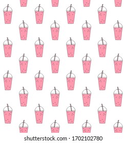 Vector seamless pattern of pink hand drawn doodle sketch smoothie milk shake drink isolated on white background
