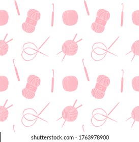 Vector seamless pattern of pink hand drawn doodle sketch set bundle of knitting accessories threads and needles isolated on white background