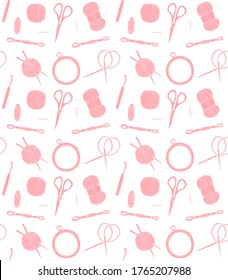 Vector seamless pattern of pink hand drawn doodle sketch sew embroidery and knitting equipment silhouette isolated on white background