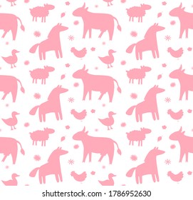 Vector seamless pattern of pink hand drawn doodle farm domestic animals silhouette isolated on white background