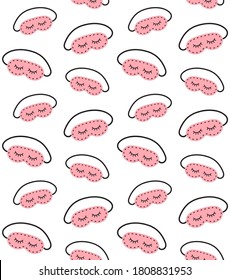 Vector seamless pattern of pink hand drawn doodle sketch sleeping mask with closed eyes isolated on white background