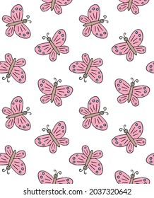 Vector Seamless Pattern Of Pink Hand Drawn Doodle Sketch Butterfly Butter Fly Isolated On White Background