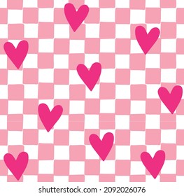 Vector seamless pattern of pink hand drawn sketch doodle chessboard checkered texture and hearts isolated on white background