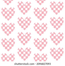 Vector seamless pattern of pink hand drawn doodle sketch chess board checkered heart isolated on white background